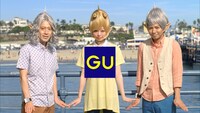 株式会社ジーユーのテレビCM「クロップドパンツ ピース星人 L.A.ナンパ」編に出演するピースときゃりーぱみゅぱみゅ（中央）。