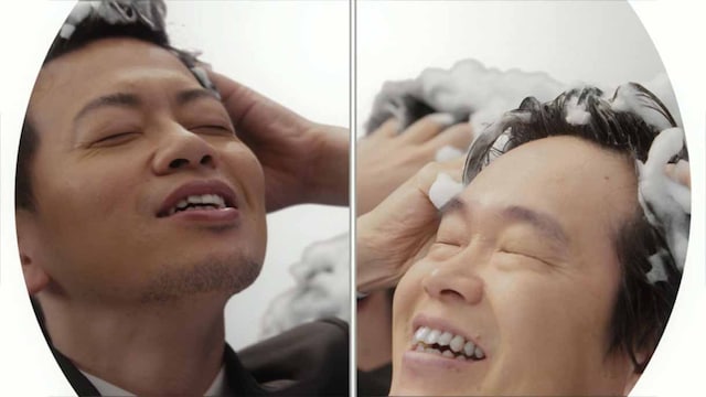 5月4日より全国オンエアされる「スカルプD」新CMより、雨上がり決死隊のシャンプーシーン。