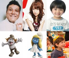 （上段左から）アンタッチャブル山崎、高橋みなみ、五十嵐陽向と、（下段左から）それぞれが担当するキャラクター達。(c)2013 CTMG, Inc.  All Rights Reserved.Smurfs™ ＆ (c)Peyo 2013 Lafig B. Movie (c)2013 SPAI/CPII. All Rights Reserved.