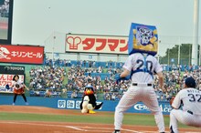 東京・神宮球場で行われたヤクルト広島戦の「カルビー『堅あげポテト20周年記念』始球式」に登場したキンタロー。（左端）。フォークボールだという山なりの球（左上）を投じた。