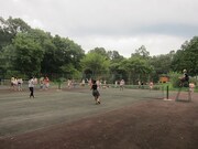 テニスやバレーを楽しむファン同士。