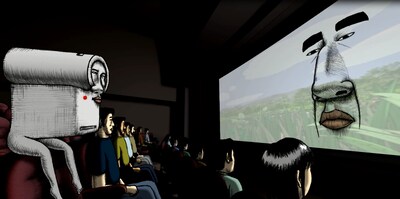 東京03が声優を務める、劇場マナーCMのキャラクター・アニメーション「ぴったらず」より「盗撮編」の一場面。(c)ぴったらず