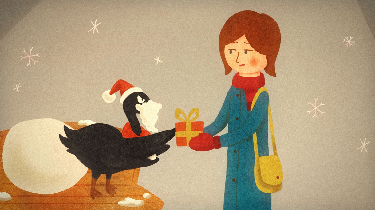 アフラックのテレビCM「ブラックスワンクリスマス」編のワンシーン。