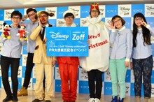 「『Zoff“Disney Collection”』パンサーPR大使就任記念イベント」に出演した（左から）シソンヌ、パンサー、スパイク。