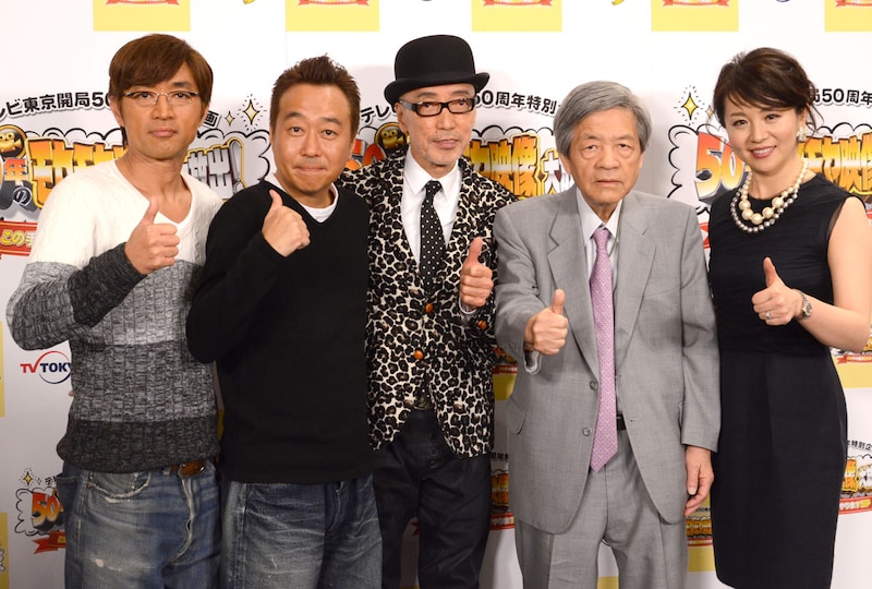 記者会見に出席した（左から）さまぁ～ず、テリー伊藤、田原総一朗、大橋未歩アナウンサー。