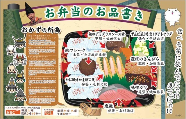 ファミリーマートと「コヤブ歴史堂」（ABC）のコラボ弁当「戦国百花繚乱弁当」。