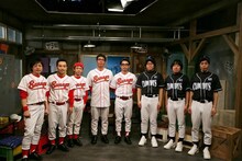 「雨天中止ナイン」初回収録に臨んだかもめんたる、永野宗典（ヨーロッパ企画）、おぎやはぎ、角田貴志（ヨーロッパ企画）、本多力（ヨーロッパ企画）、石田剛太（ヨーロッパ企画）。(c)テレビ東京