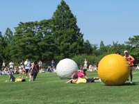 大玉にぶつかる芸人たち。