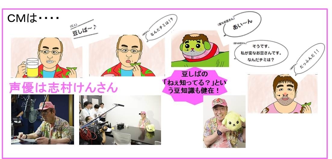 「豆しば」と「志村けんの変なおじさん」によるコラボCMのイメージ。