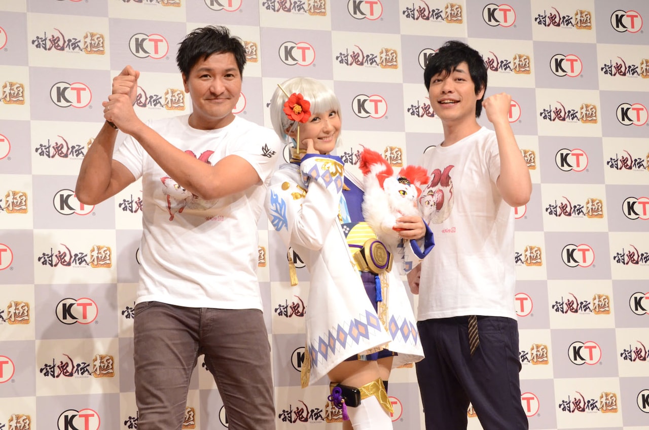 「討鬼伝 極」完成発表会に出席した（左から）スリムクラブ真栄田、椿姫彩菜、麒麟・川島。
