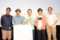 DVD「雨天中止ナイン・ディレクターズカット版」発売記念イベントに出演した（左から）おぎやはぎ、かもめんたる、上田誠。