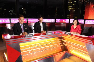 「紅リサーチ」MCの（左から）サンドウィッチマン、八木亜希子。(c)テレビ朝日