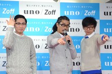 左から、NON STYLE石田、パンサーの菅と向井。それぞれ相方のポーズを決めた。