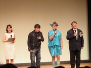 「太田プロライブ月笑2014 クライマックスシリーズ」司会の彦摩呂、山田邦子、ダチョウ倶楽部・寺門ジモン、進行の笹木香利（右から）。