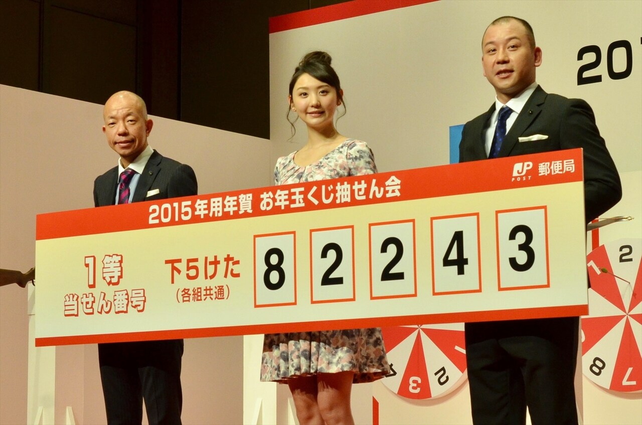 「2015年用年賀 お年玉くじ抽せん会」に登場したバイきんぐと、おのののか（中央）。