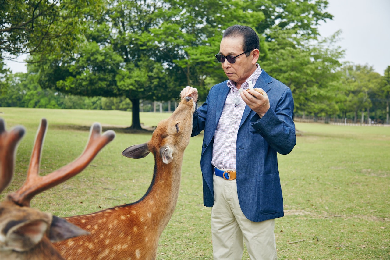 鹿と戯れるタモリ。(c)NHK