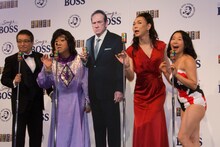 BOSS新CM発表会に登場した赤坂泰彦、コロッケ、ミッツ・マングローブ、いとうあさこ（左から）。