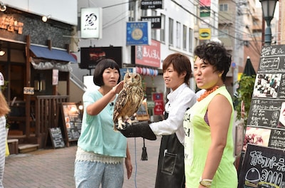 「トコトン掘り下げ隊！生き物にサンキュー!!」でフクロウとふれあう、たんぽぽ川村（左）、フォーリンラブ・バービー（右）。(c)TBS
