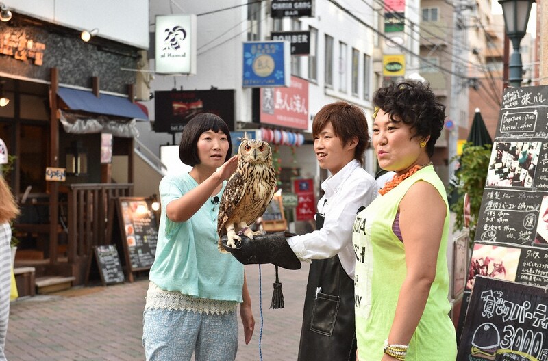 「トコトン掘り下げ隊！生き物にサンキュー!!」でフクロウとふれあう、たんぽぽ川村（左）、フォーリンラブ・バービー（右）。(c)TBS