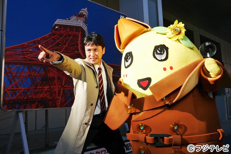 ドラマ特番「ふなっしー探偵」に出演する（左から）アンジャッシュ児嶋、ふなっしー。