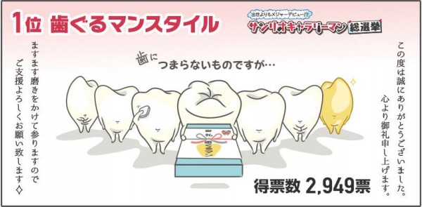 「サンリオキャラリーマン総選挙」1位の「歯ぐるマンスタイル」。