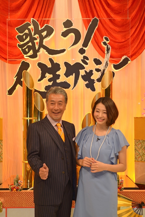 「歌う！人生ゲキジョー」の取材会に登場した高田純次、眞鍋かをり（左から）。