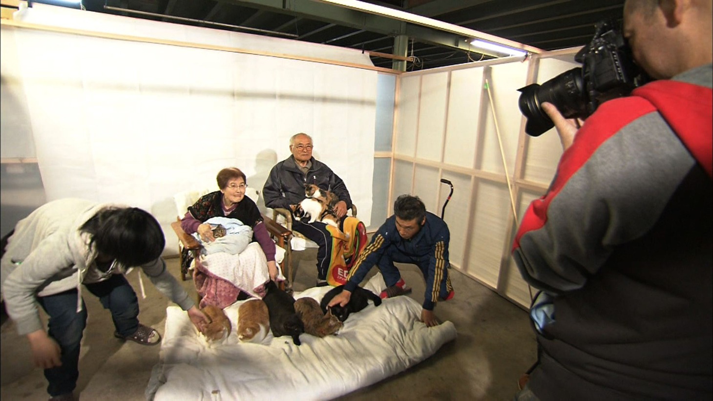 祖父母と猫8匹の集合写真撮影を手伝う間寛平。(c)ABC