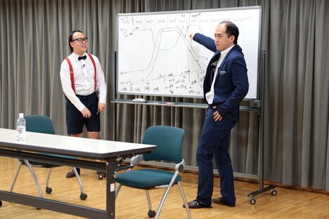 これまでのサクセス・ストーリーを解説するトレンディエンジェル斎藤（右）とたかし（左）。