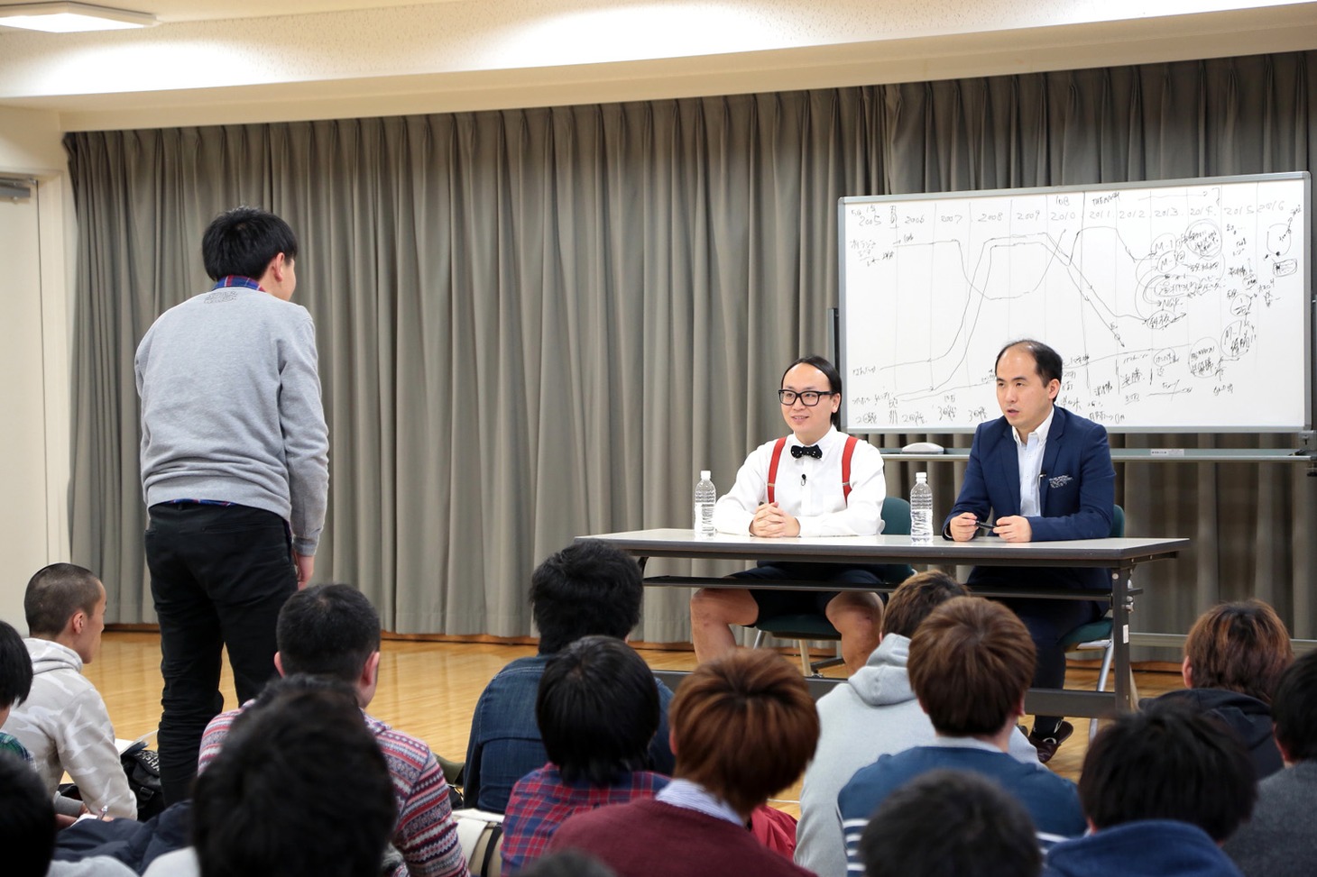 NSC在校生の質問に耳を傾けるトレンディエンジェル（奥2人）。