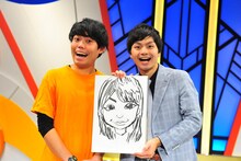 プリマ旦那。左から野村、お相手の似顔絵を持つ河野。