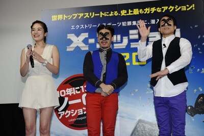 映画「X-ミッション」の劇場公開直前イベントに登壇した、（左から）筧美和子、ピスタチオ伊地知、なだぎ武。