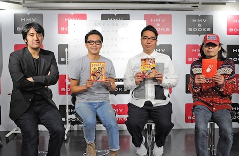 左から佐久間P、おぎやはぎ、英勉。