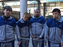 「チェーンアスロン」でレース対決に挑む（左から）JOY、じゅんいちダビッドソン、マテンロウ・アントニー、小島よしお。(c)読売テレビ