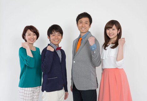 「ひろしま深掘りライブ フロントドア」に出演する（左から）串山真理アナ、ロザン菅、ロザン宇治原、大重麻衣アナ。