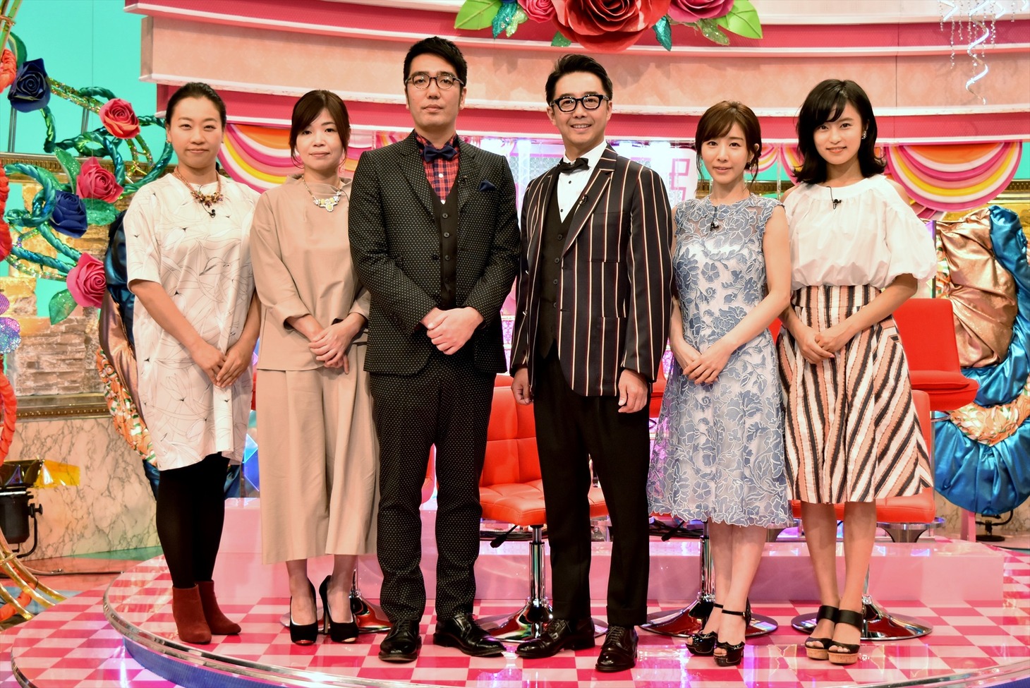 「幸せ追求バラエティ 金曜日の聞きたい女たち」に出演する（左から）いとうあさこ、大久保佳代子、おぎやはぎ、田中みな実、小島瑠璃子。