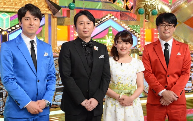 左から桝太一アナ、有吉弘行、尾崎里紗アナ、劇団ひとり。