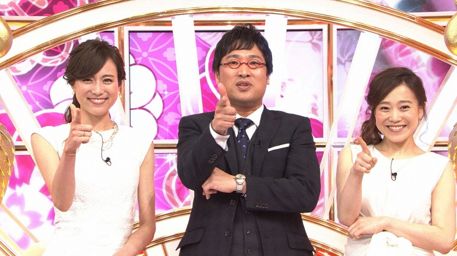 「水トク！『メイドインジャパン』」に出演する南海キャンディーズ山里（中央）と、笹川友里アナ（左）、江藤愛アナ（右）。(c)TBS