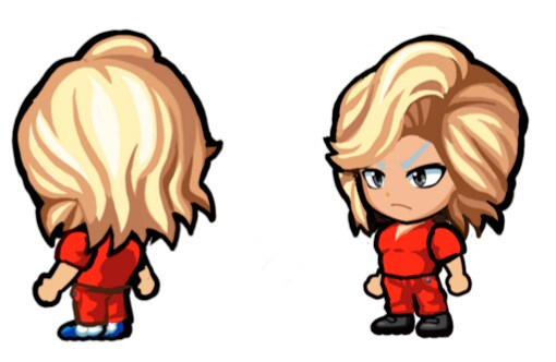 アイテム「金髪芸人ヘアー」「赤い芸人衣装」を装着したキャラクター。