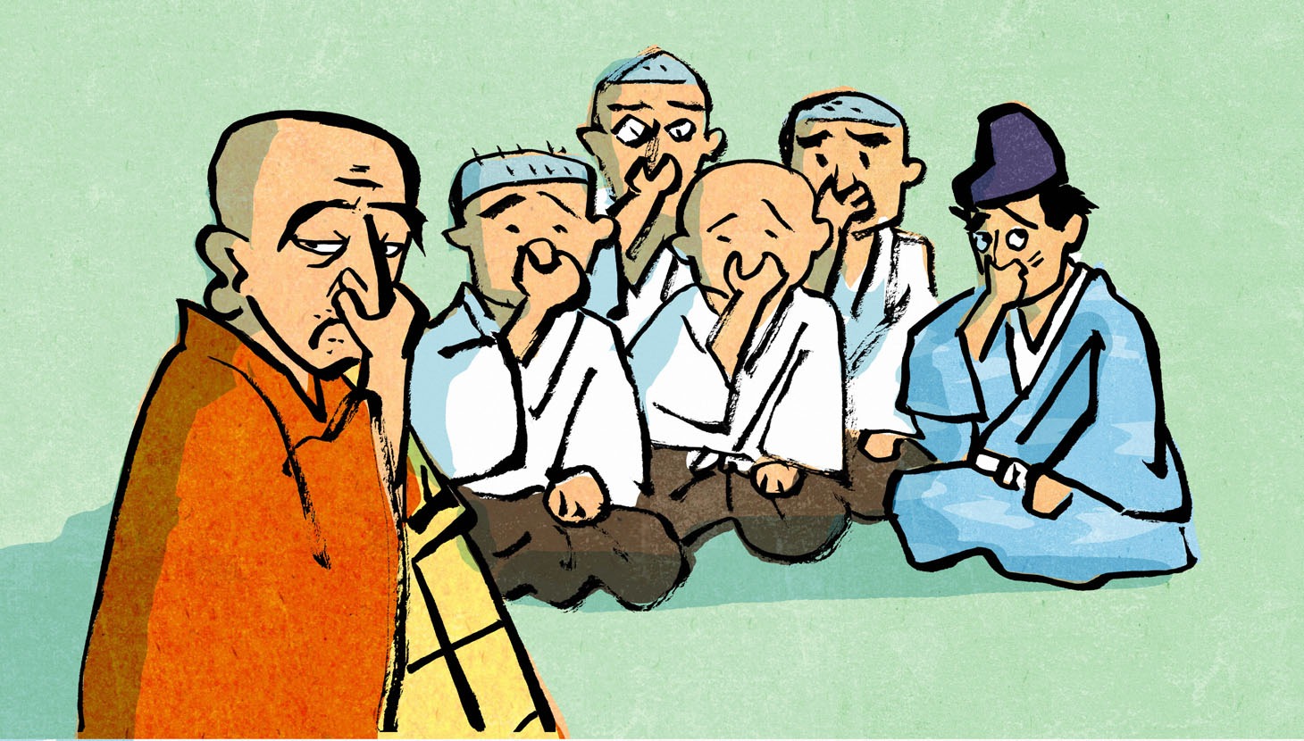 「第一則 クソとお経」より、一休の兄弟子・養叟（左端）と蜷川新右衛門（右端）。(c)NHK