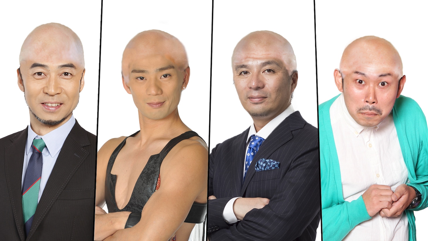 「坊主麻雀～優勝賞金は500万円！負けたらその場で坊主！～」に出演する（左から）ペナルティ・ワッキー、池谷直樹、藤田晋、岡野陽一。写真は彼らが坊主頭となった際のイメージ。