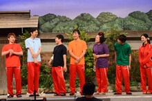 左からよゐこ濱口、アンガールズ田中、 NON STYLE井上、ジャングルポケット斉藤、フォーリンラブ・バービー、須賀健太、壇蜜。