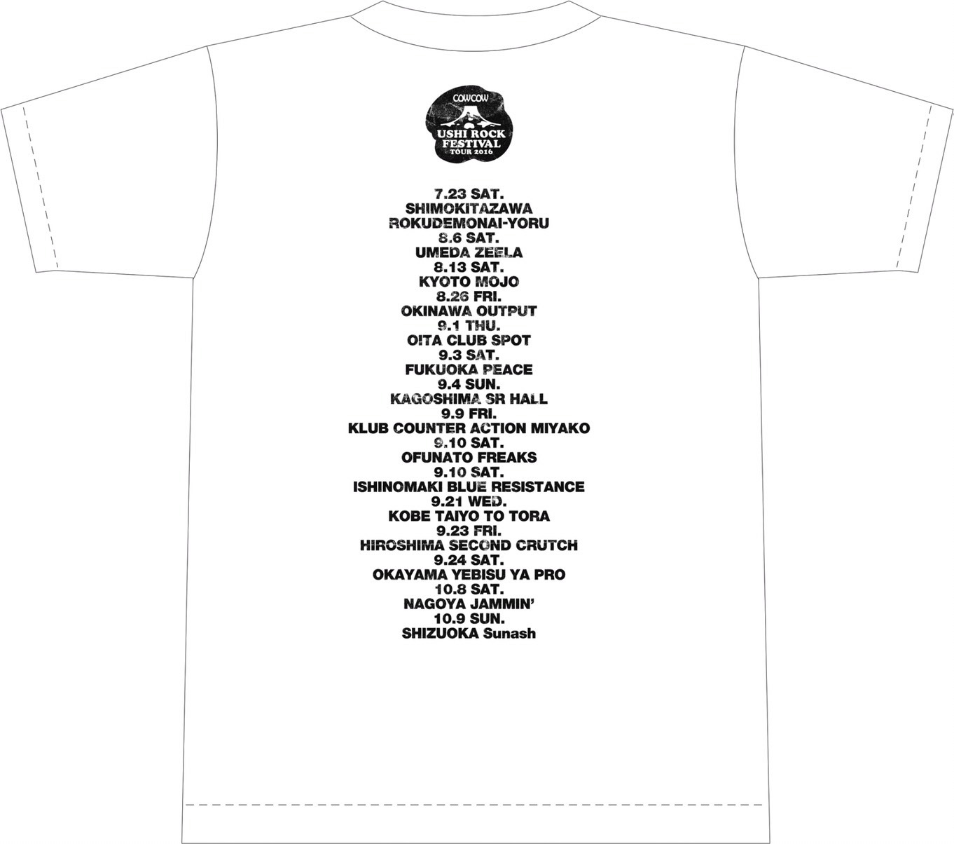 「COWCOW USHI ROCK FESTIVAL TOUR 2016」オリジナルTシャツ（白）の裏。