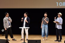 「アイドル妄想総選挙」のコーナーに出演する、（左から）おぎやはぎ小木、南海キャンディーズ山里、おのののか、おぎやはぎ矢作。