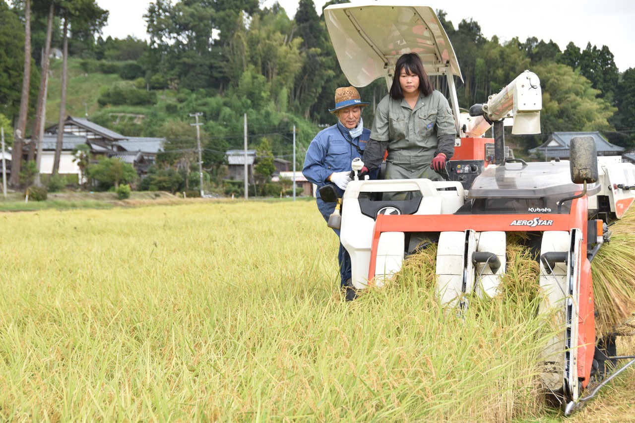 コンバインを操縦するチカコホンマ。（写真提供：長岡市）