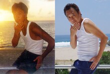 サーフィンを嗜んでいた19歳頃のさまぁ～ず三村（左）と、現在のさまぁ～ず三村（右）。