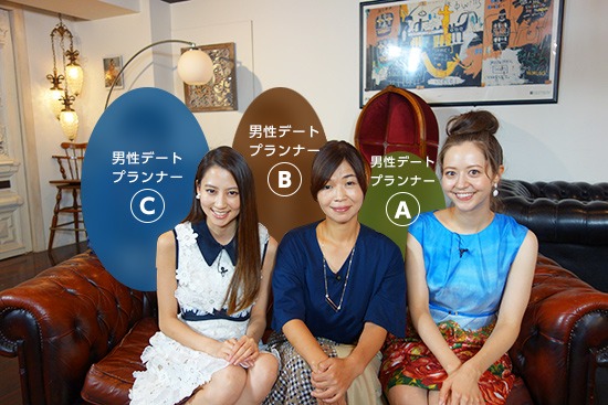 （前列左から）河北麻友子、オアシズ大久保、春香クリスティーンと、オンエアで明かされるデートプランナー3名（後列）。(c)関西テレビ
