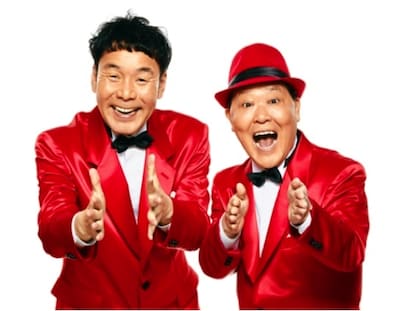 ダチョウ倶楽部。左から肥後、上島。