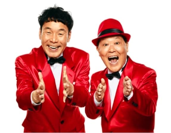 ダチョウ倶楽部。左から肥後、上島。