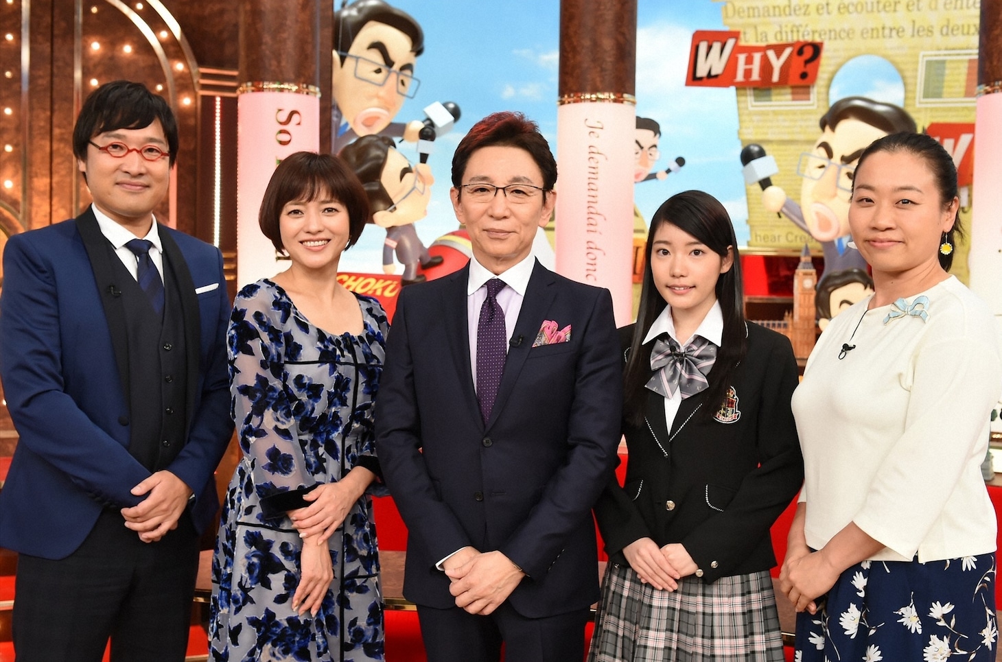 「古舘がニュースでは聞けなかった10大質問!!だから直接聞いてみた」に出演する（左から）南海キャンディーズ山里、三田寛子、古舘伊知郎、竹俣紅、いとうあさこ。(c)TBS
