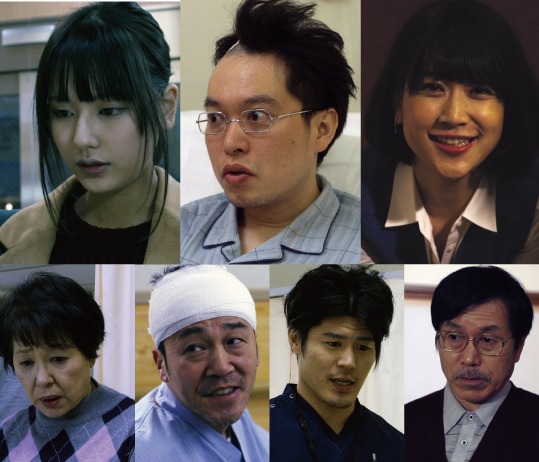 映画「くも漫。」キャストの（左上から時計回りに）沖ちづる、脳みそ夫、柳英里紗、平田満、板橋駿谷、坂田聡、立石涼子。